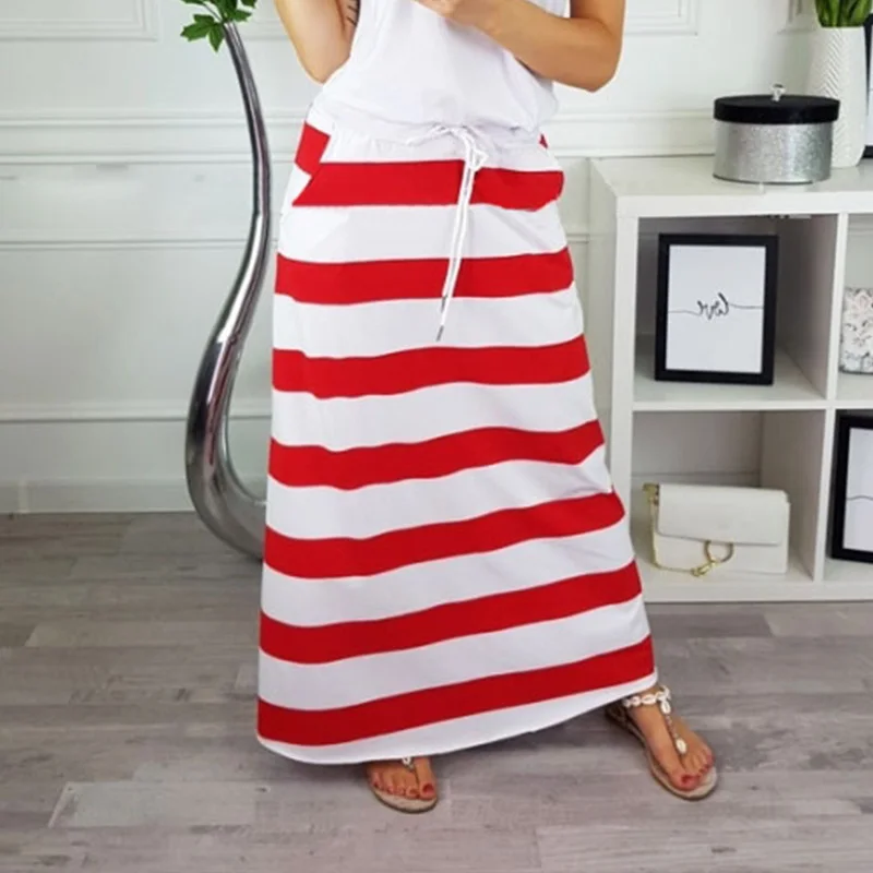 Женская длинная юбка в полоску синяя или красная повседневная до середины икры