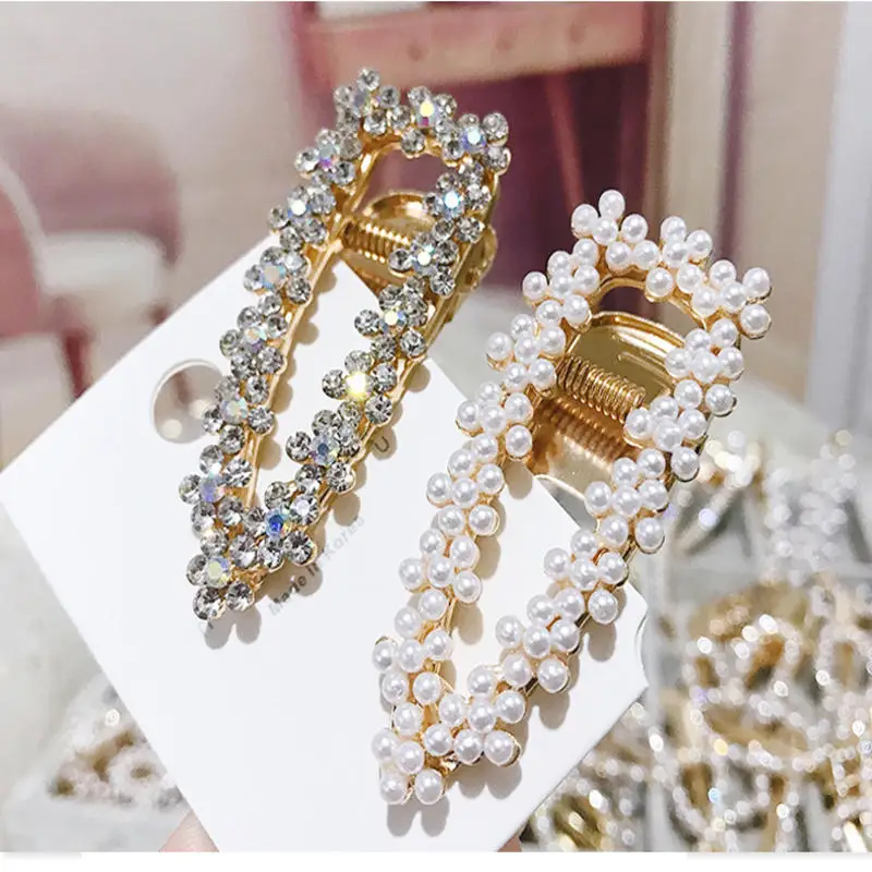 

New fashion Korean Shiny Crystal Rhinestones Hairpins hot sale sweet temepermant Geometric Waterdrop Imitiation Pearl Hair Clips