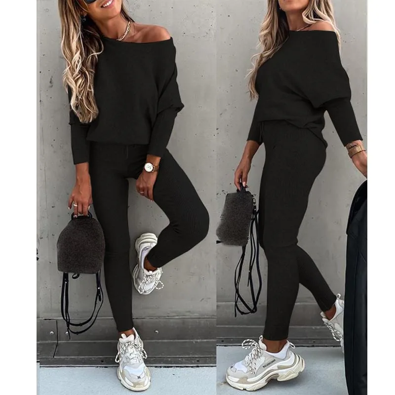 

Women Fashion Solid Outfits 2021 Spring Autumn Ladies Long Sleeve 2 Pieces Sets Streetwear Slash Neck Joggers Tracksuit Sets