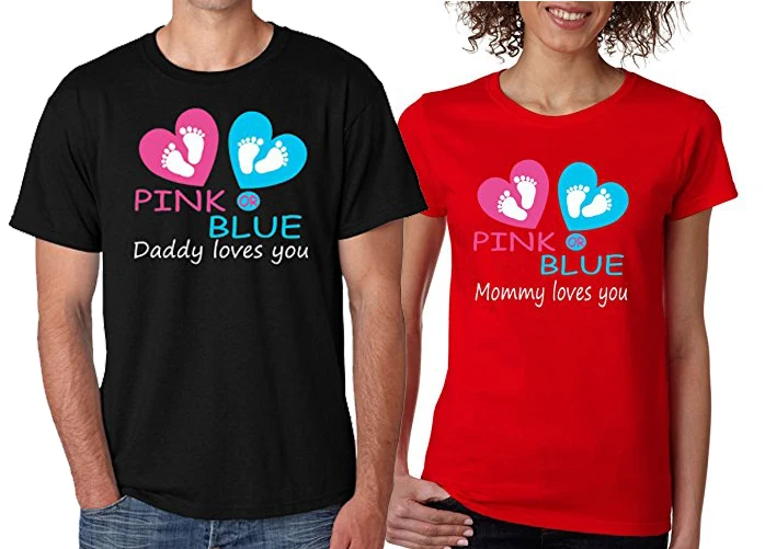 

Pink Blue Daddy and Mommy Love You Gender Reveal Maternity T-shirts Be about To A Father and A Mother Matching Family T Shirts