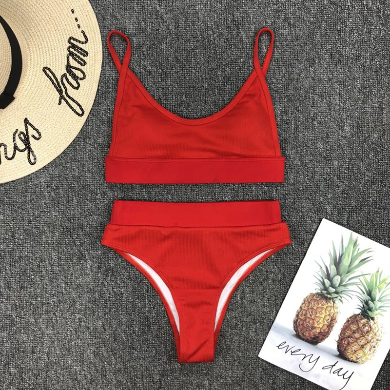 

High Waist Women Swimsuit 2020 Female Retro Ribbed Bikini Set Solid Red Swimwear Bathing Beach Suit Swimming Suit Biquini New