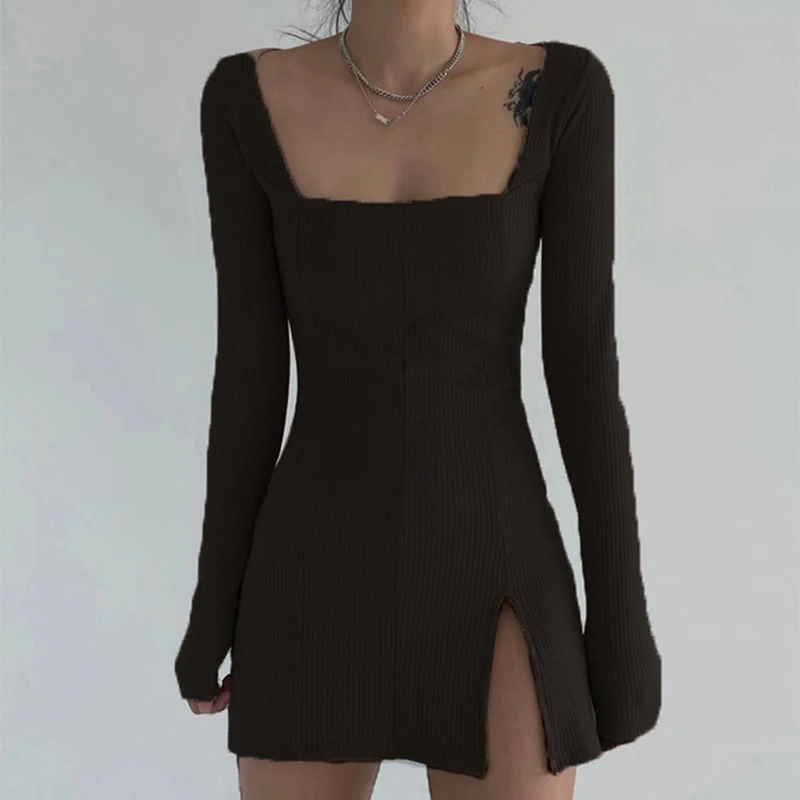 

Sexy Side Split Square Collar Long Sleeve Spring Dress Women Knitted Bodycon Party Clubwear Mini Dresses 2020