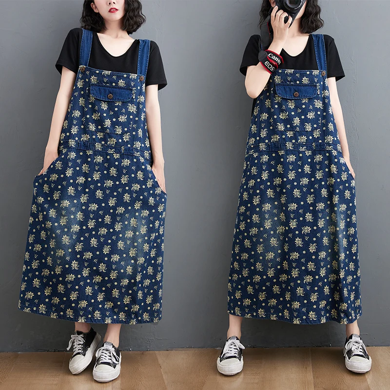 

Размера плюс джинсовые сарафаны для женщин 2021 стиль; Новинка; В стиле ретро; В Стиль сезон: весна-лето Цветочный принт спагетти ремень в винт...