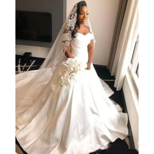 

2020 Simple Satin Ruffles Off Shoulder Wedding Dresses Ruched Princess Elegant African Ball Gowns Bridal Gowns