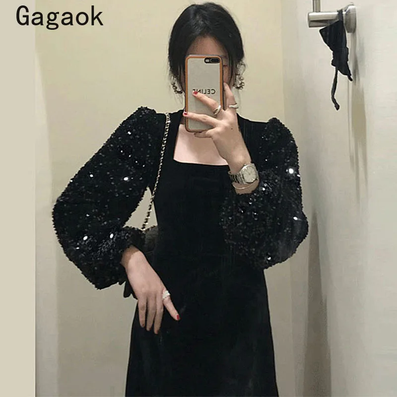 Gagaok Dress Korean Early Spring Niche Handsome Square Neck Sequins Fight Receive Waist Slimming Thin Split Long Velvet Vestidos | Женская