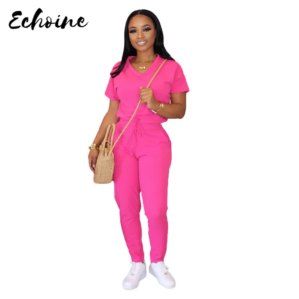 

Женская Повседневная футболка с коротким рукавом Echoine, узкие брюки, комплект из двух предметов, однотонные облегающие брюки с v-образным выр...