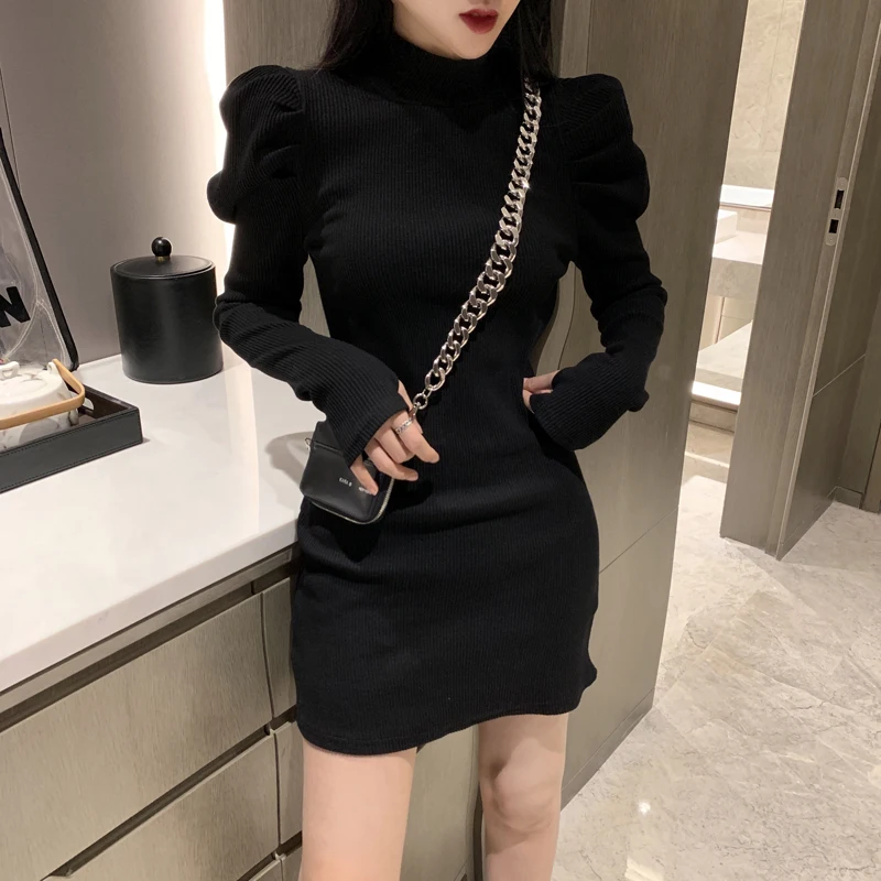 

Sexy Slim Bodycon Dress for Women Half Turtleneck Knit Black Mini Woman Dresses Chic Elegant Robe Puff Sleeve Vestidos