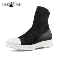 high street harajuku high top men slip on hosiery boots leather patchwork thick bottom increase male casual platform boots
