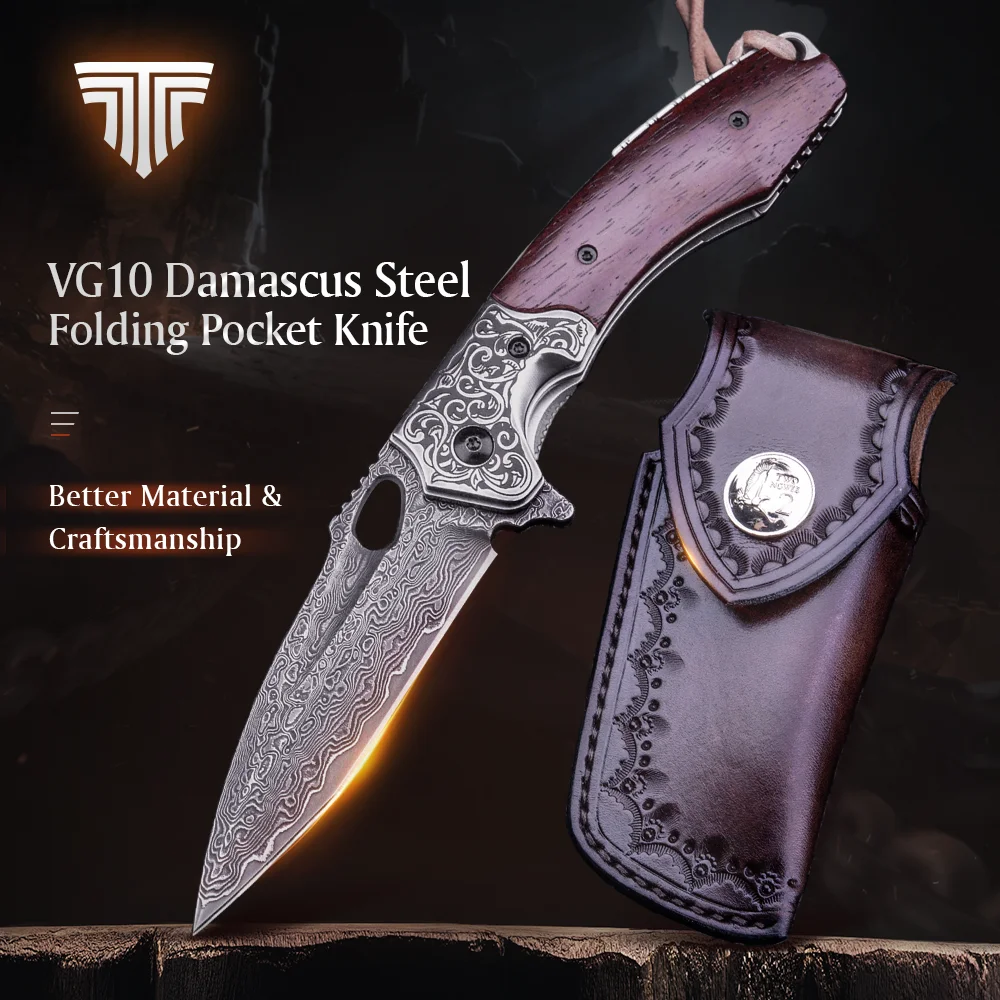 TRIVISA Pocket Folding Knife Handmade Damascus  VG10 Steel Core Wood Handle Self Defense Leather Sheath Knives Outdoor Camping
