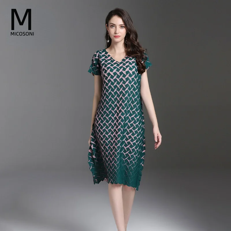 

Japanese Style Dress Loose One Size Blue Pink Green Fold High-end Quality Pleat New V-neck Temperament Women's One Piece Dresses