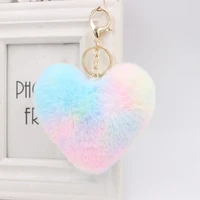 colorful plush ball key ring love heart mobile phone bag car key chain pendant artificial rabbit pom pom key ring ladies jewelry