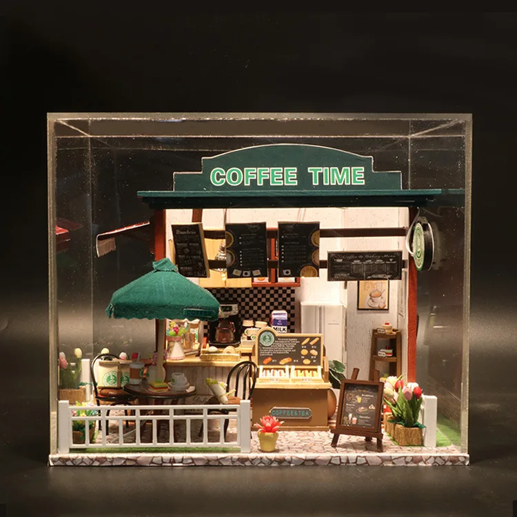 Time cafe-caba&ntilde;a de bricolaje creativa, juguete de regalo de cumplea&ntilde;os, modelo de mini tienda, decoraci&oacute;n, Escena de adorno peque&ntilde;o-4