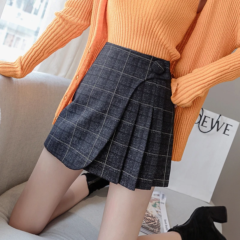 Женская клетчатая юбка с оборками теплая шерстяная плиссированная А-силуэта в