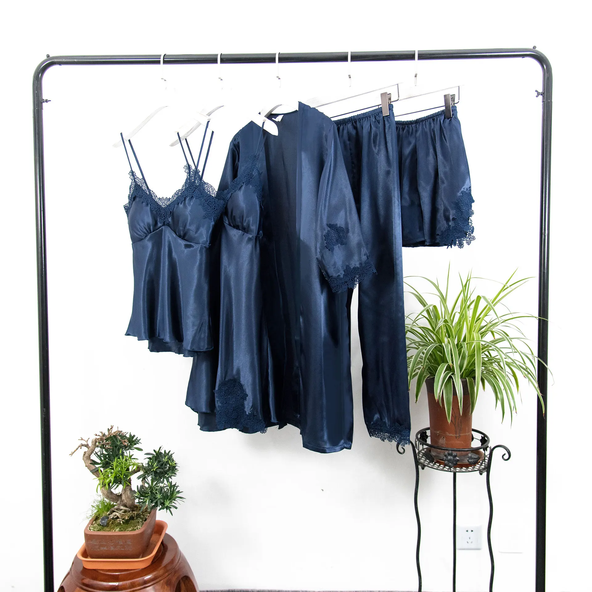 Navy Blue Осенние женские пижамы, 5 шт. в комплекте, женский сексуальный Шелковый Атласный пижамный комплект, пижама с кружевами, женские пижамы, ночные костюмы, домашняя одежда для женщин - Цвет: Navy Blue