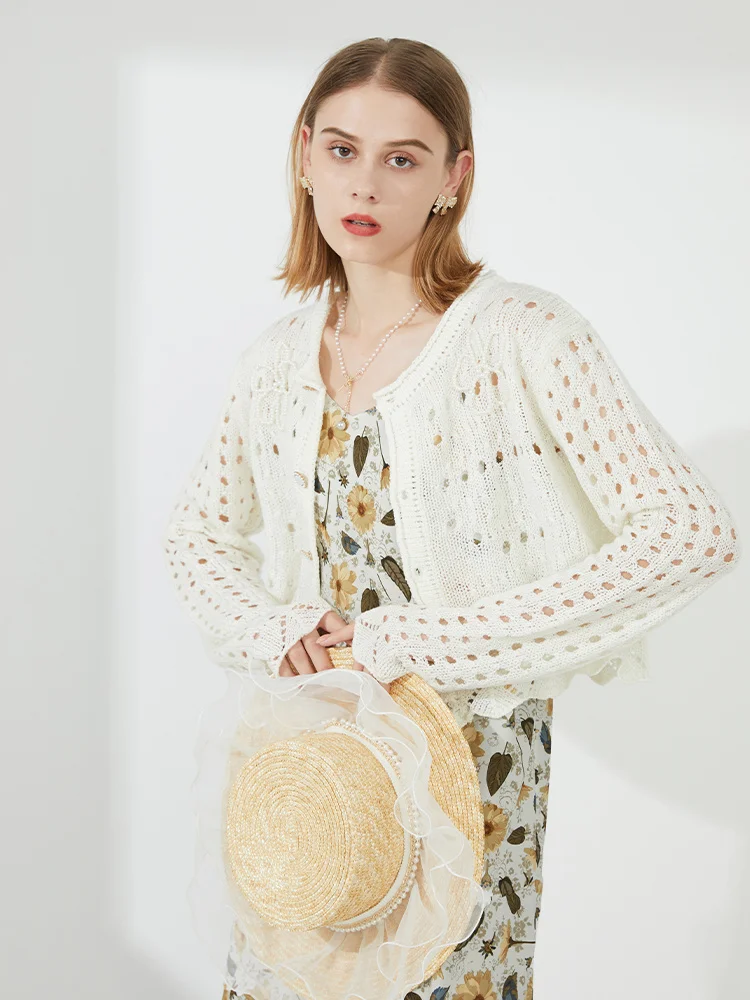 

Вязаный кардиган с вырезами и бусинами для ранней осени, новинка 2021, Женский Топ, Тонкая блузка на весну и осень