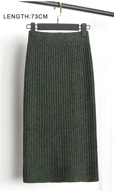 73cm green Осень-зима, Женская длинная юбка с эластичной резинкой на талии, теплая трикотажная прямая тонкая элегантная черная юбка-карандаш, faldas jupe femme - Цвет: 73cm green