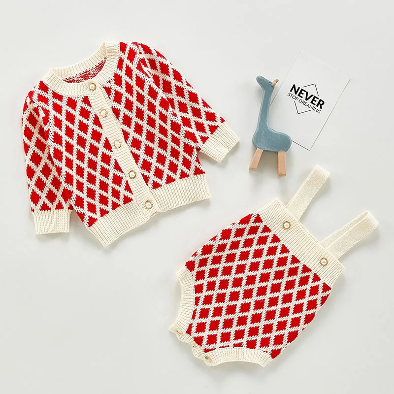 

Infant Baby Girls Knit Long Sleeve Grid Coat + Braces Rompers Clothing Sets Autumn Winter Kids Girl Suit Clothes
