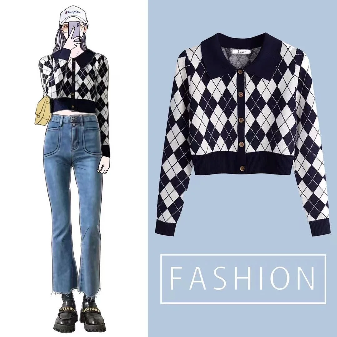 

Женский трикотажный кардиган-поло с ромбовидным узором и воротником-поло