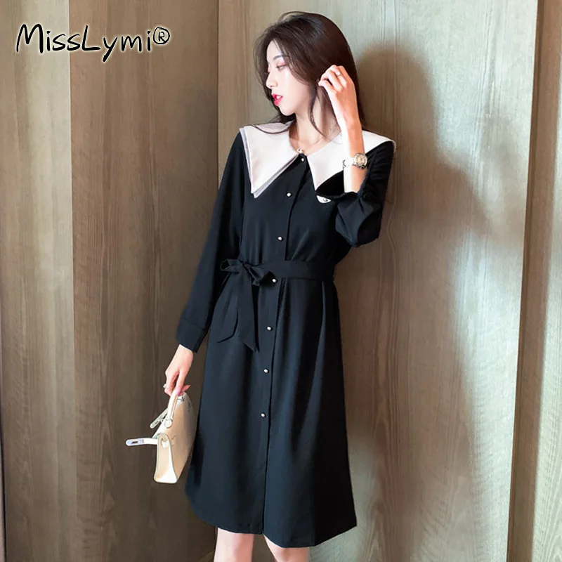 

4XL Plus Size Women Korean Shirt Dresses Spring 2021 Fashion Peter Pan Collar Patchwork Long Sleeve Loose Ladies A-Line Dress