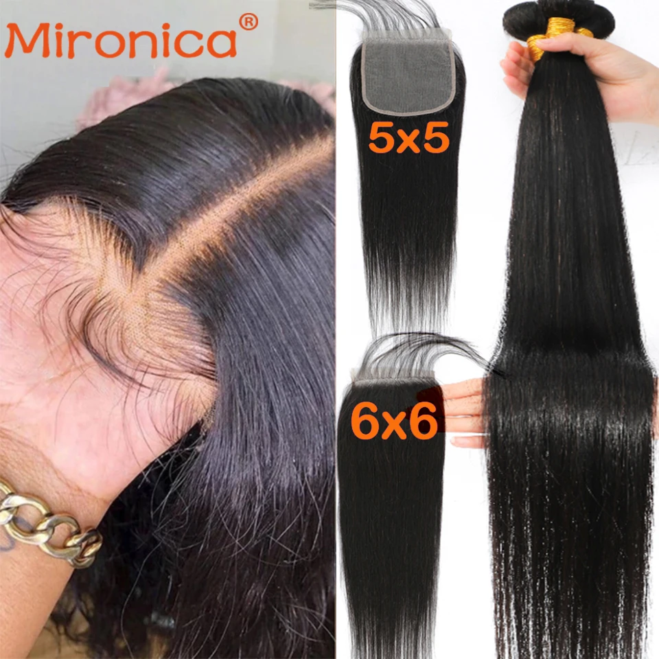 

Mironica 40 Inch Bone Straight Bundles With Frontal Peruvian 6x6 HD Lace Closures With Bundles Hair Weave Bundles With Closure