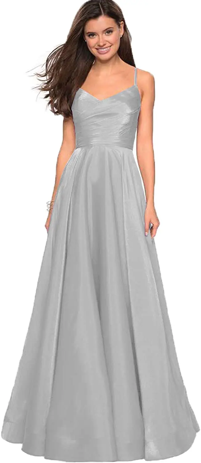 

Women's Spaghetti Straps V Neck A-line Pleated Satin Evening Prom Dress Long Formal Party Gown Satin Dress Party Formal
