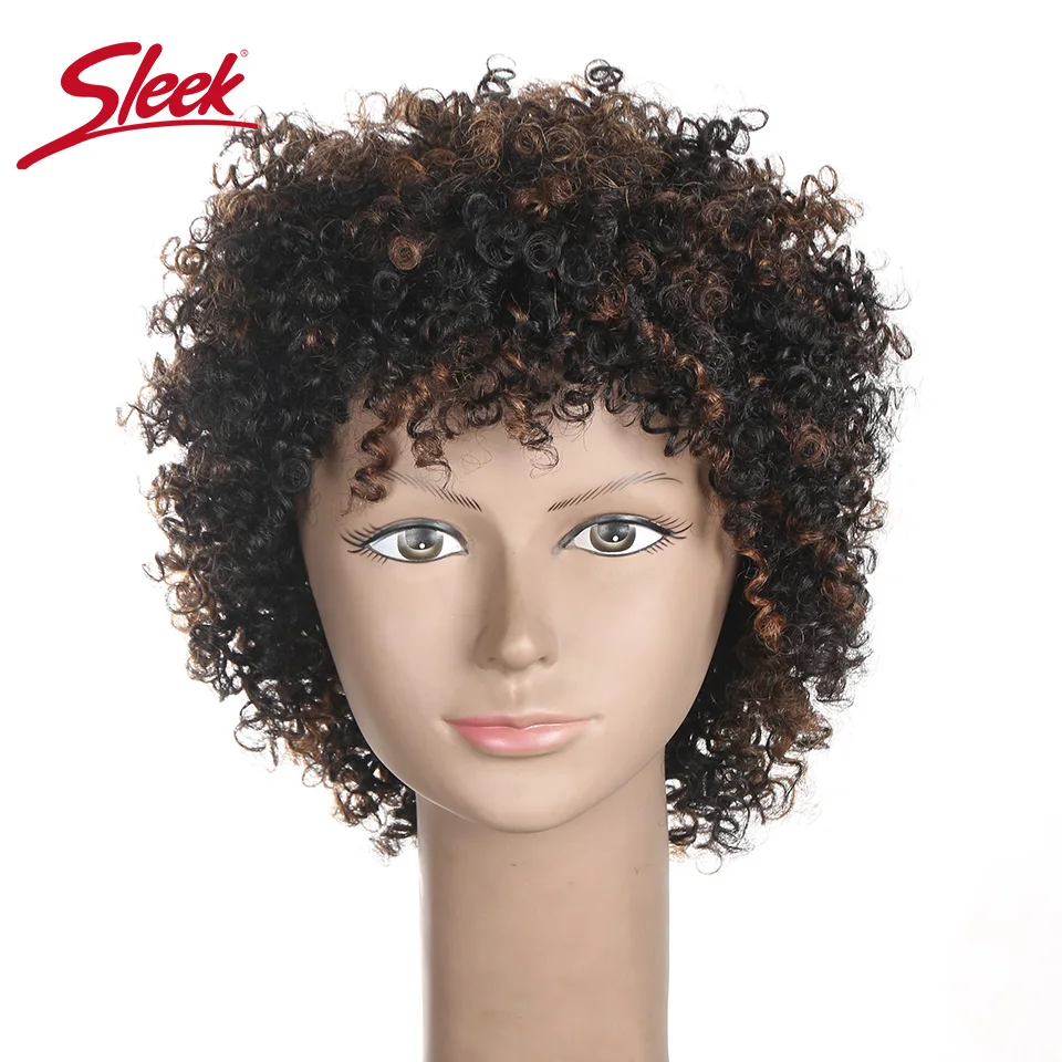 Sleek Curly Human Hair Wig 100% Remy Brazilian Wigs Short 8 Inch F1b/33 Cheap Real | Шиньоны и парики