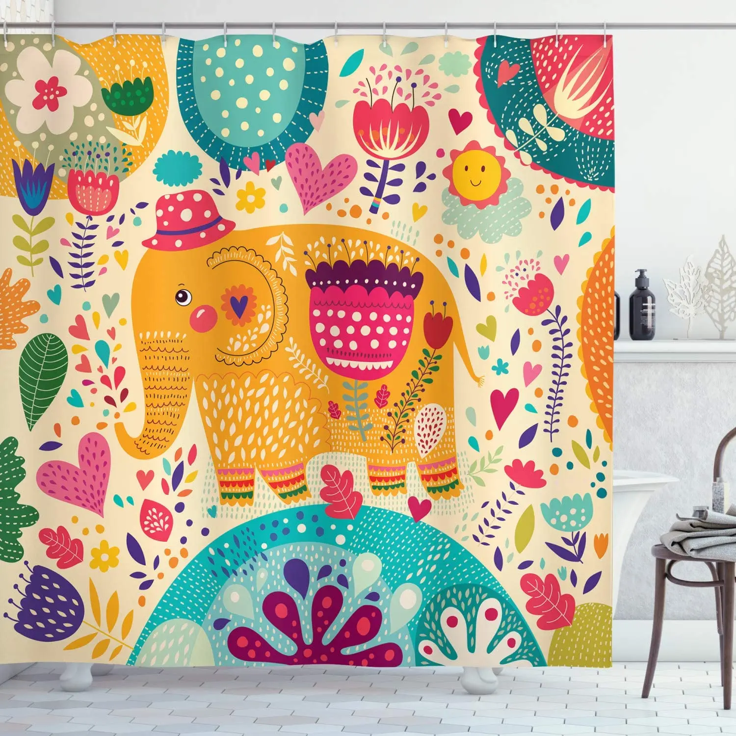 

Animal Shower Curtain Elephant with Colorful Pattern Child Art Hats Flowers Plants Leaves Summertime Print Bathroom Decor Set