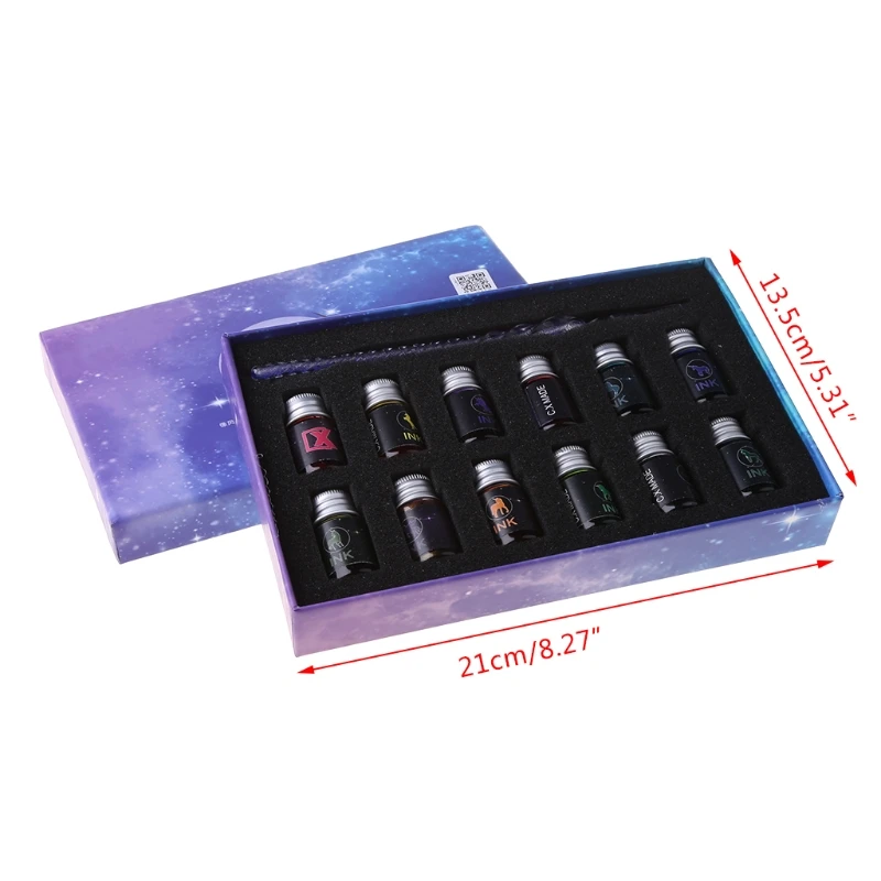

Glass Dip Pen Set,12 Colors Bottled Dip Glass Pen Ink With 1Pc Blue Fountain Dip Writing Signature Pen Art Supplies Gifts