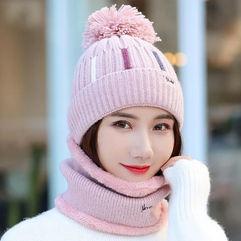 Knitted Hat With Scarf Collars SUOGRY Sets For Women Winter Ladies Hat& Scarf With Pompom Thick Two Piece Keep Snow Warm Set