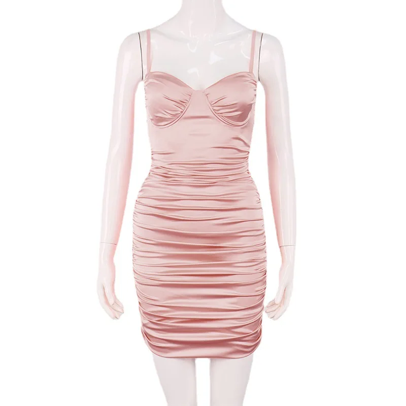 

Sexy Strapless Backless Sleeveless Satin Dress Women Summer Spaghetti Strap Pleated Sheath Mini Dress Woman Party Night Vestido