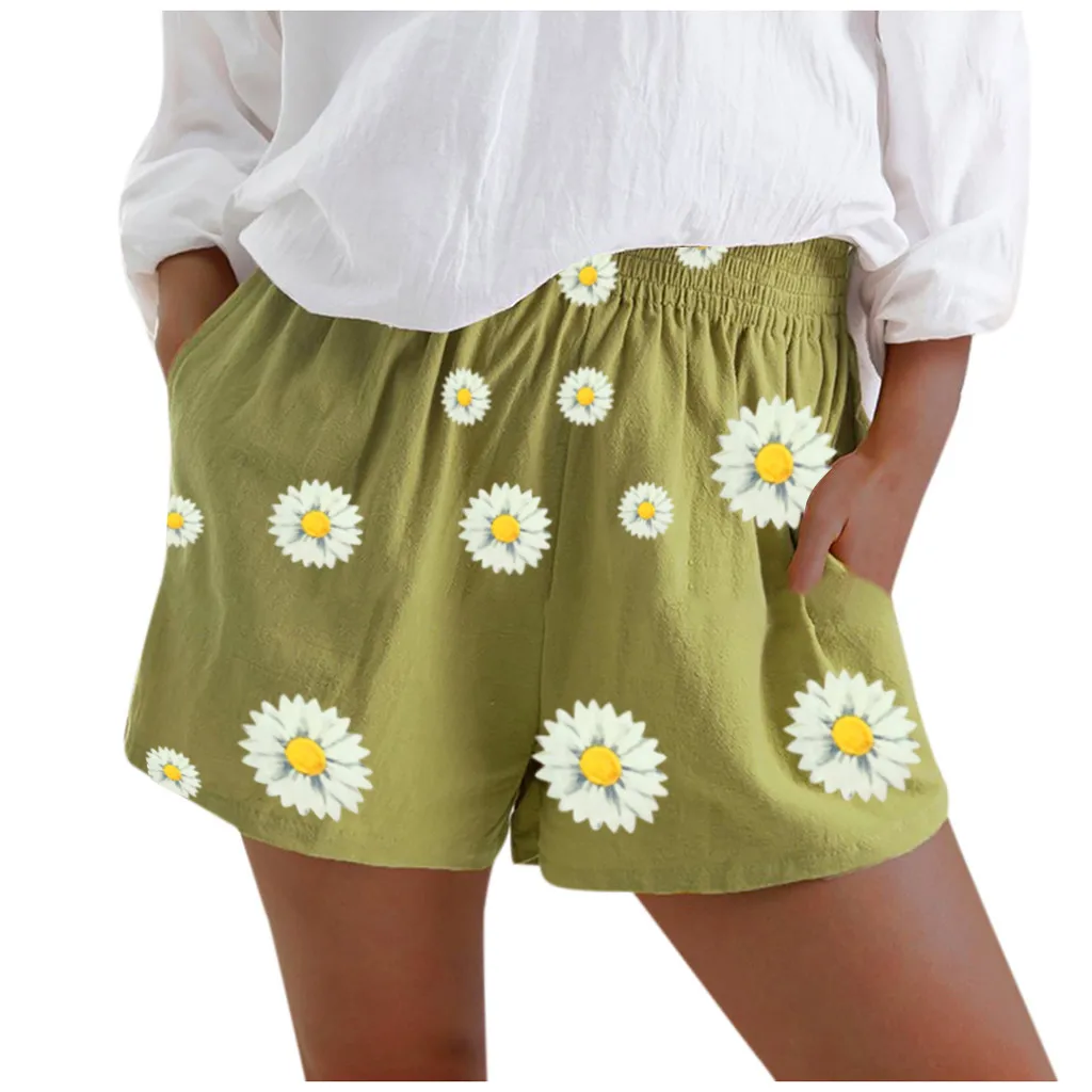

Summer Shorts Casual Daisy Print Elastic Waist Linen Pockets Shorts For Women