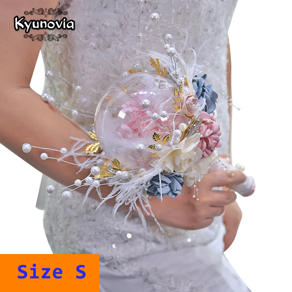 Style B Size S Kyunovia Dried Hydrangea Flower InTransparent Balls Pearl Bouquet Golden Leaf Bride Wedding Bouquet ramos gold de damas BY46 - Цвет: Style B Size S
