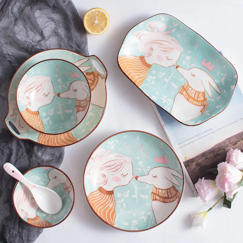 Ручная роспись мультфильм лиса и девушка под глазурью керамический набор посуды