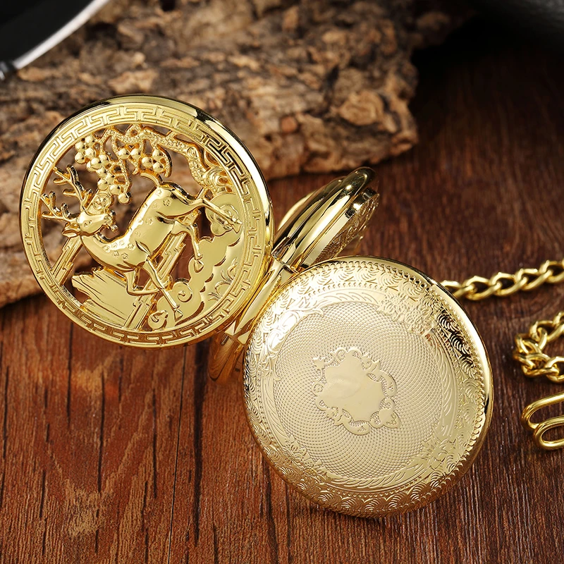 Deer Pattern Mechanical Pocket Watch Skeleton Vintage Antique Gold Golden 3D Animal Engraved Male Fob Chain Clock for Men Women