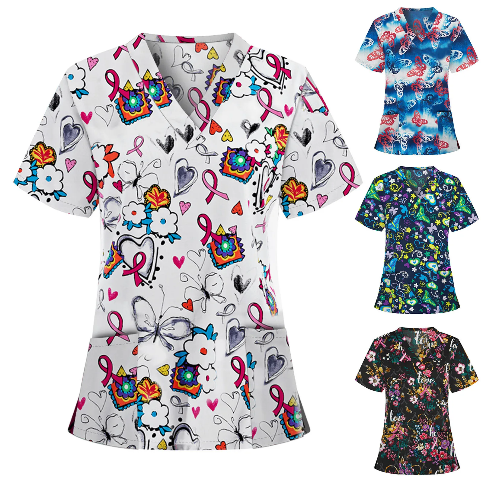 

Women Plue Size Animal Print Casual Short Sleeve V-Neck Carer TopS Protect Uniform Health Workers Workwear Nurse Working Uniform