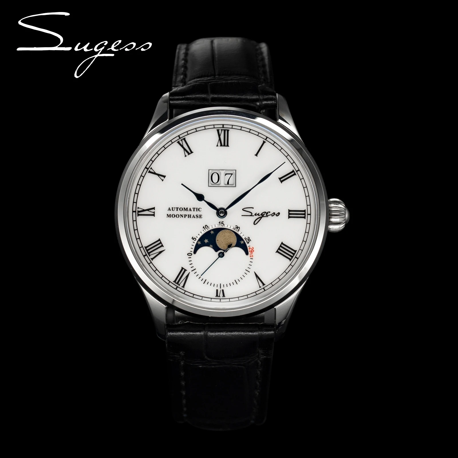 

Sugess Automatic Watch Moon-phase Seagull 2528 Movement Sapphire Crystal Ceramic Dial 316L Stainless Steel Big Date Xmas Gift
