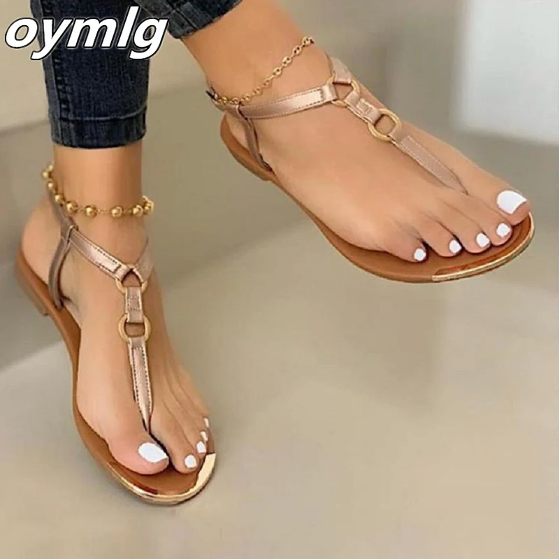 Сандалии гладиаторы женские с пряжкой плоская подошва шлепанцы богемный стиль