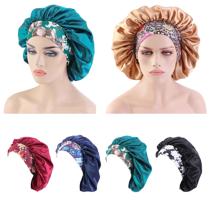 

Women Satin Extra Large Bonnet Sleep Cap Boho Floral Print Elastic Wide Brim Night Hat Hair Protection Turban Head Cover