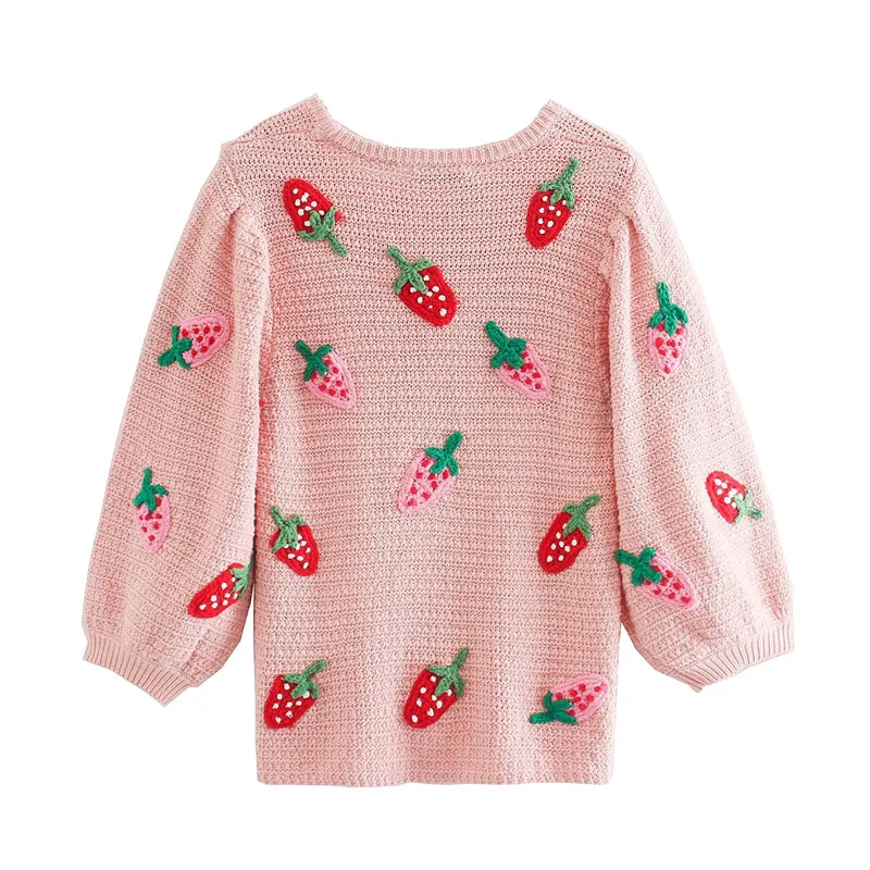 Women 2020 Sweet Fashion Strawberry Applique Knitted Sweater Vintage O Neck Puff Sleeve Female Pullovers Chic Tops | Женская одежда