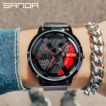 SANDA Men Rim Hub Watch Custom Design Sports Car Watch Stainless Mesh Racing Wheel Rim Hub Quartz Watch Man WaterproofRelogio-36838