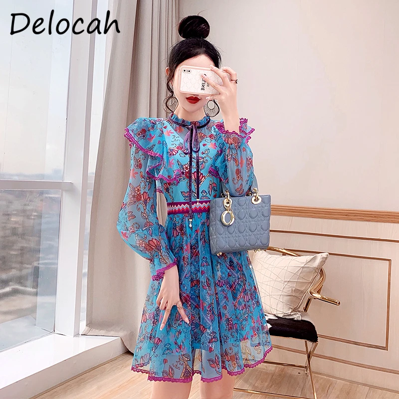 

Delocah/Новинка 2021 года; Сезон лето; Женские модные дизайнерские вечерние платья в сеточку с рукавами-фонариками и оборками; Кружевные Элегантн...