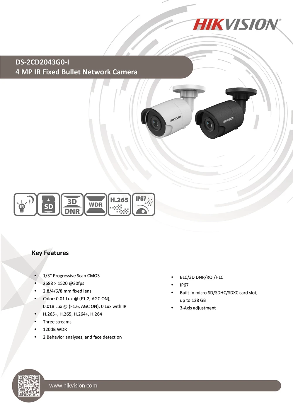 Hikvision H.265 4MP Пуля IP камера PoE DS-2CD2043G0-I 4 мегапикселя ИК видеонаблюдение со слотом для SD карты уход за лицом