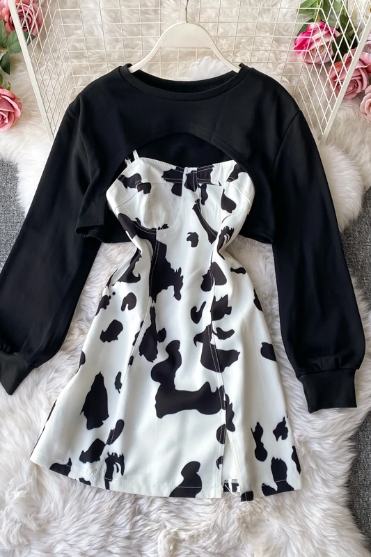 

2020 Fall New Long Sleeve Short Sweater + Slim Split Sling Skirt Two-piece Fashion Suit Women