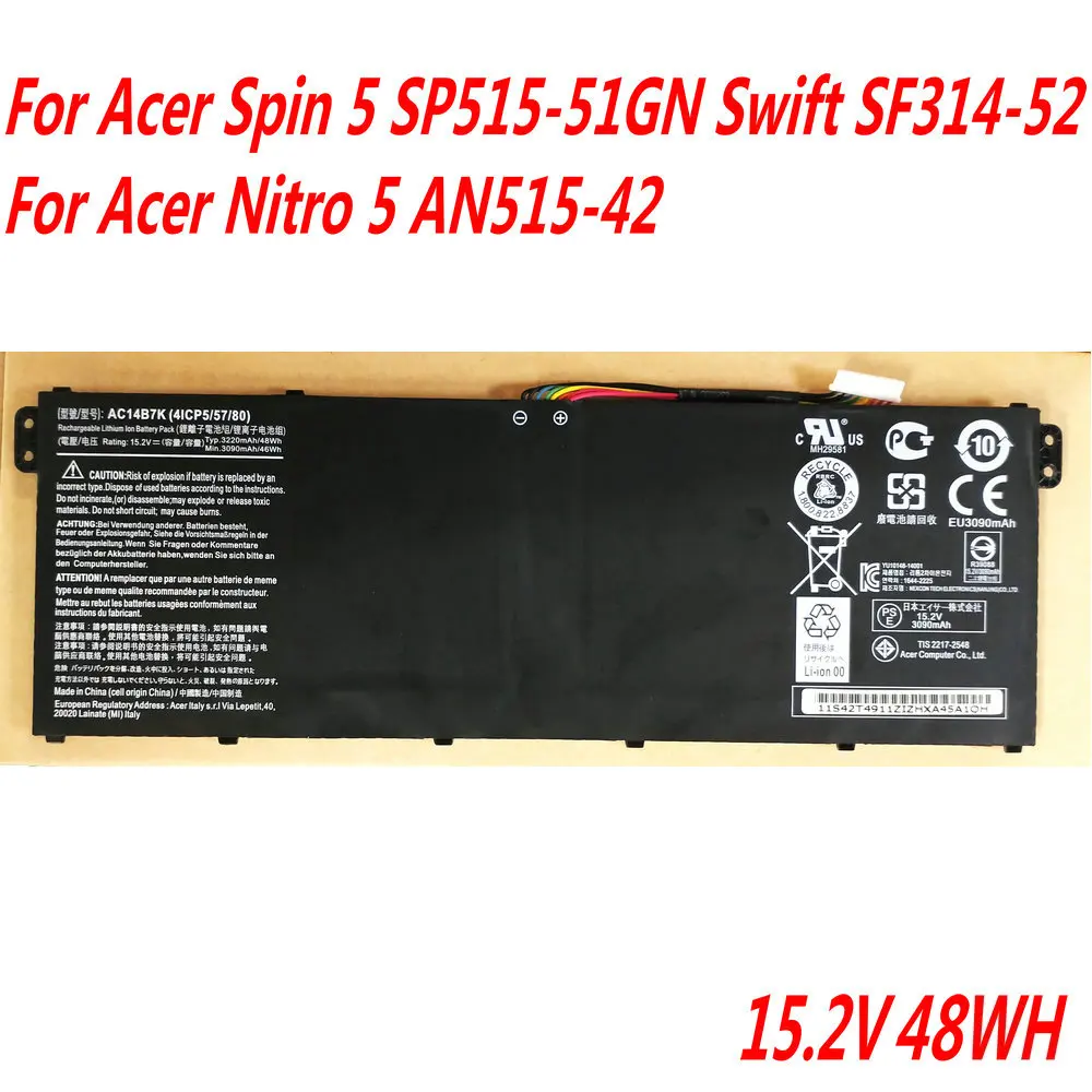 

Original 15.2V 3320mAh AC14B7K 41CP5/57/80 Laptop Battery For Acer Spin 5 SP515-51GN Swift SF314-52 Nitro 5 SPIN NP515