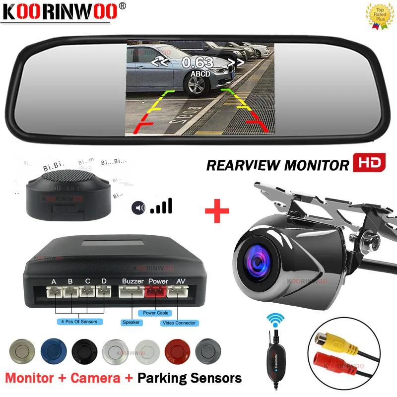 

Koorinwoo Visible Car Parking System Reverse Back up 4 Radars Video System 800P Car Monitor Mirror Rear view Camera Parktronic