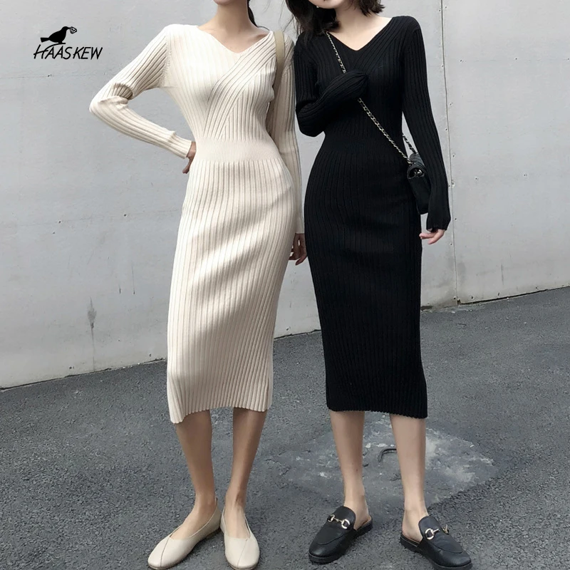 

Женское Трикотажное Шерстяное Платье-Свитер, черное облегающее мини-платье средней длины с длинным рукавом в Корейском стиле, зима-осень