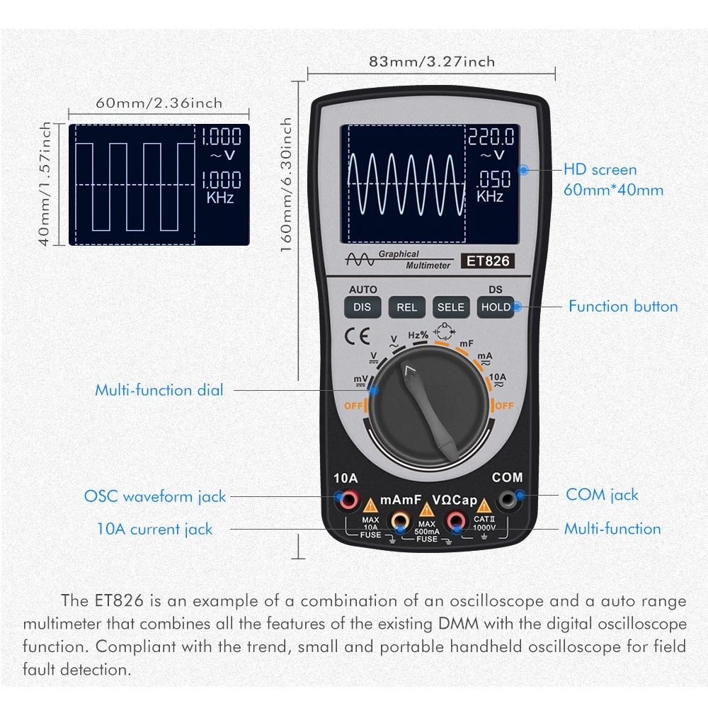 

ET826 Multimeter 2in1 Digital Multimeter Oscilloscope Count 4000 Ranges HD Screen 200K Highspeed Intelligent Waveform Multimeter
