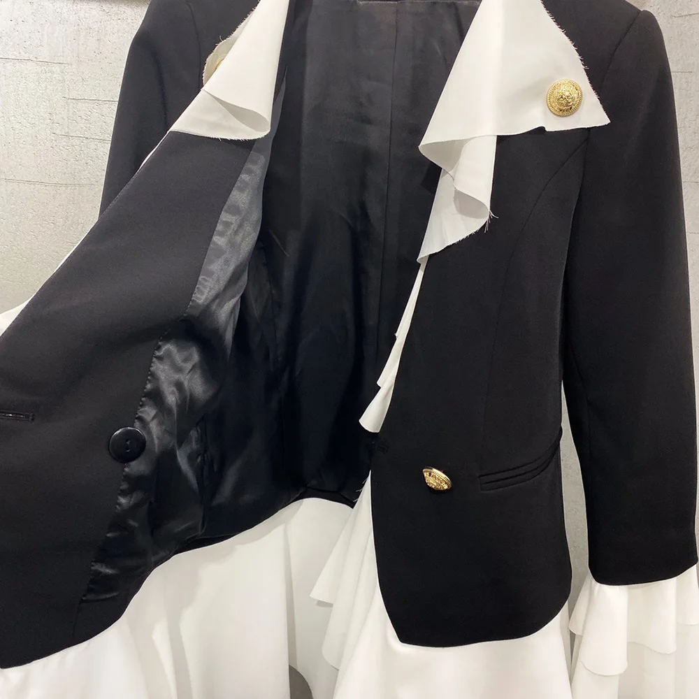 

High quality 2020 autumn new fashion black and white stitching ruffled slim fit V-neck long-sleeved metal button women's blazer