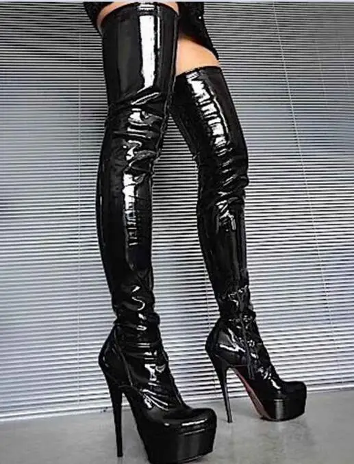 

Moraima Snc Sexy High Heel Boots Woman Platform Over the knee Shoes Black patent leather Thigh High Boots