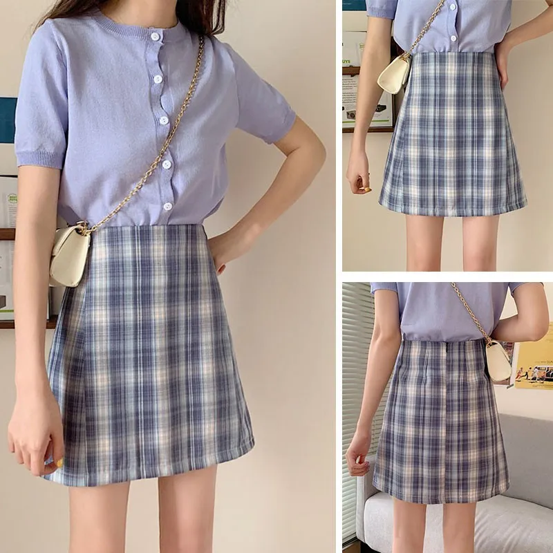 

Plaid Skirt Summer Model Thin Versatile Skirts High Waist Vetements Femmes a-Line Retro Casual College Style Falda